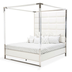 State St. Eastern King Canopy Bed Glossy White Vinyl & Acrylic Frame – AICO
