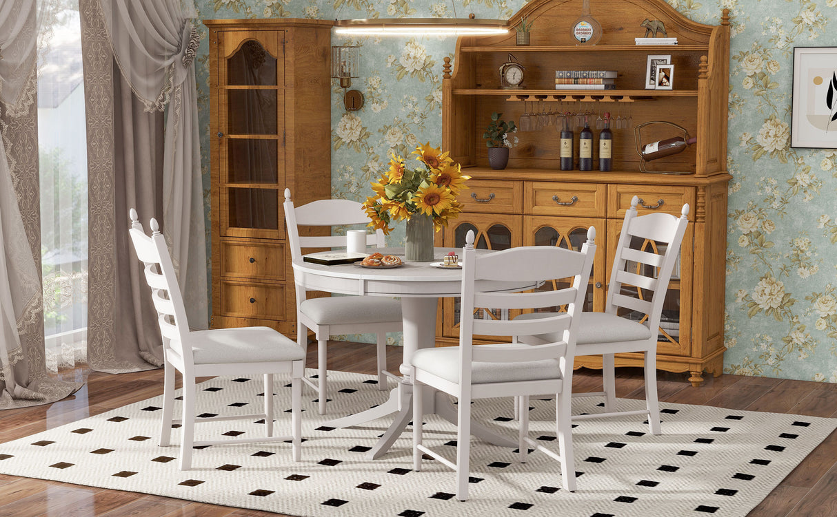 TREXM 5-Piece Retro Functional Dining Table Set Wood Round Extendable Dining Table and 4 Upholstered Dining Chairs (Antique White) - Home Elegance USA