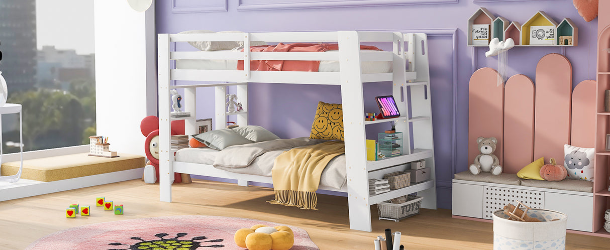 Twin over Twin Bunk Bed with Shelves and Built-in Ladder,  White (Expected Arrival Time:8.10) - Home Elegance USA