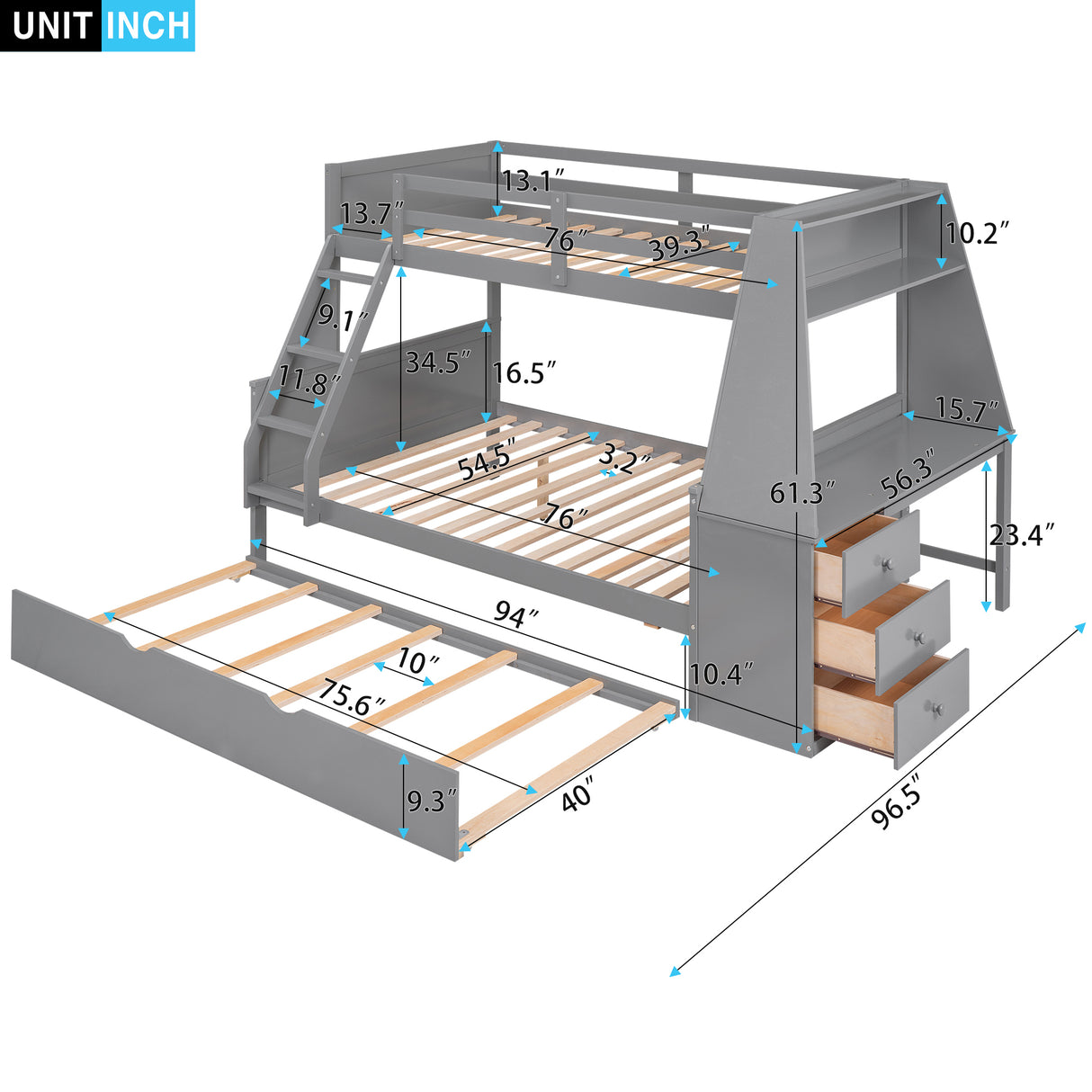 Twin over Full Bunk Bed with Trundle and Built-in Desk, Three Storage Drawers and Shelf,Gray - Home Elegance USA