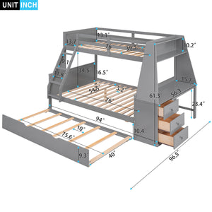 Twin over Full Bunk Bed with Trundle and Built-in Desk, Three Storage Drawers and Shelf,Gray - Home Elegance USA