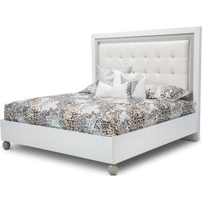 Sky Tower Queen Panel Bed in Cloud White Woven Fabric with LED Lighting – AICO