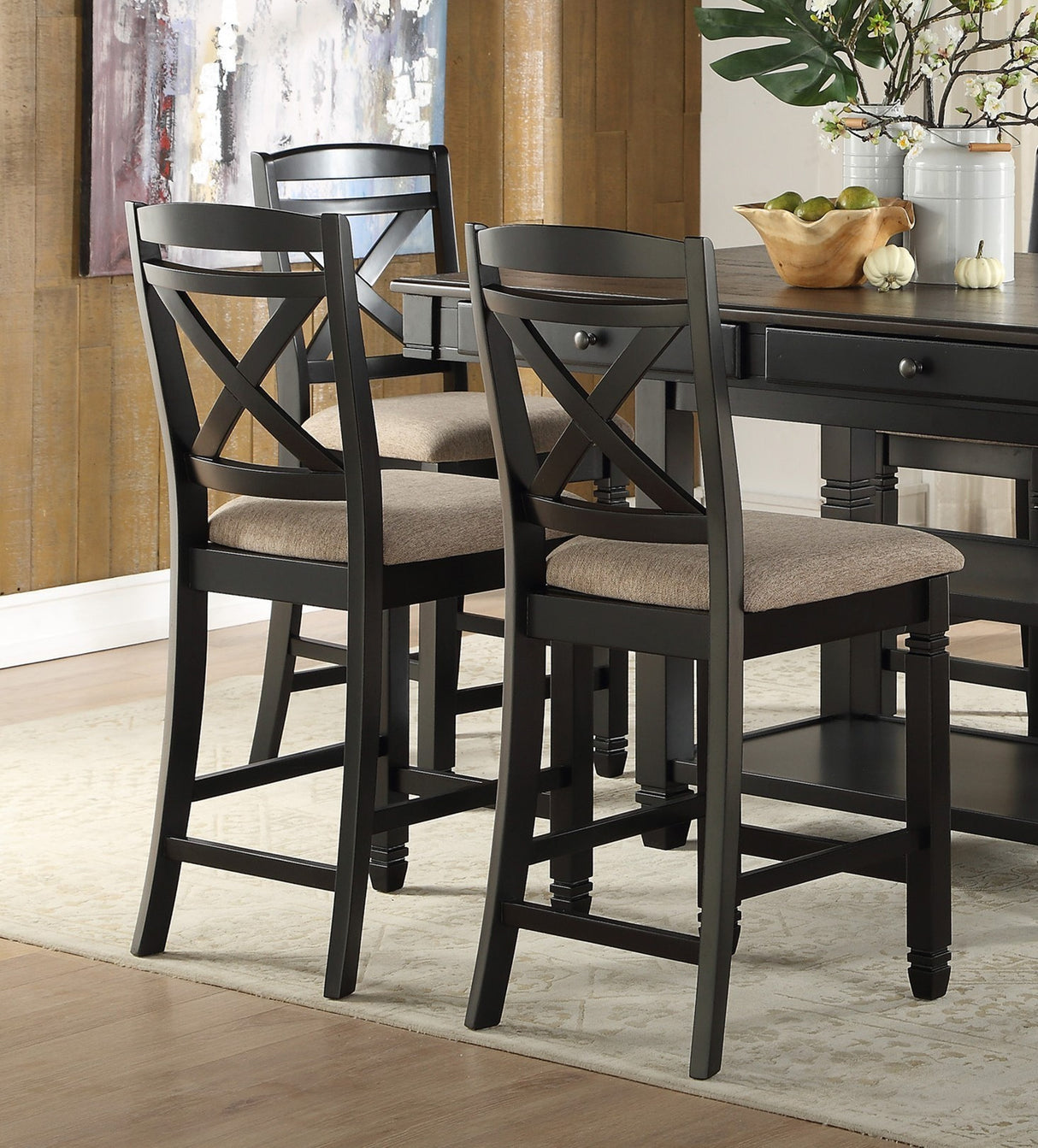 Transitional Style Counter Height Dining Set 5pc Table w Display Shelves Drawers and 4x Counter Height Chairs Black Finish Funiture - Home Elegance USA