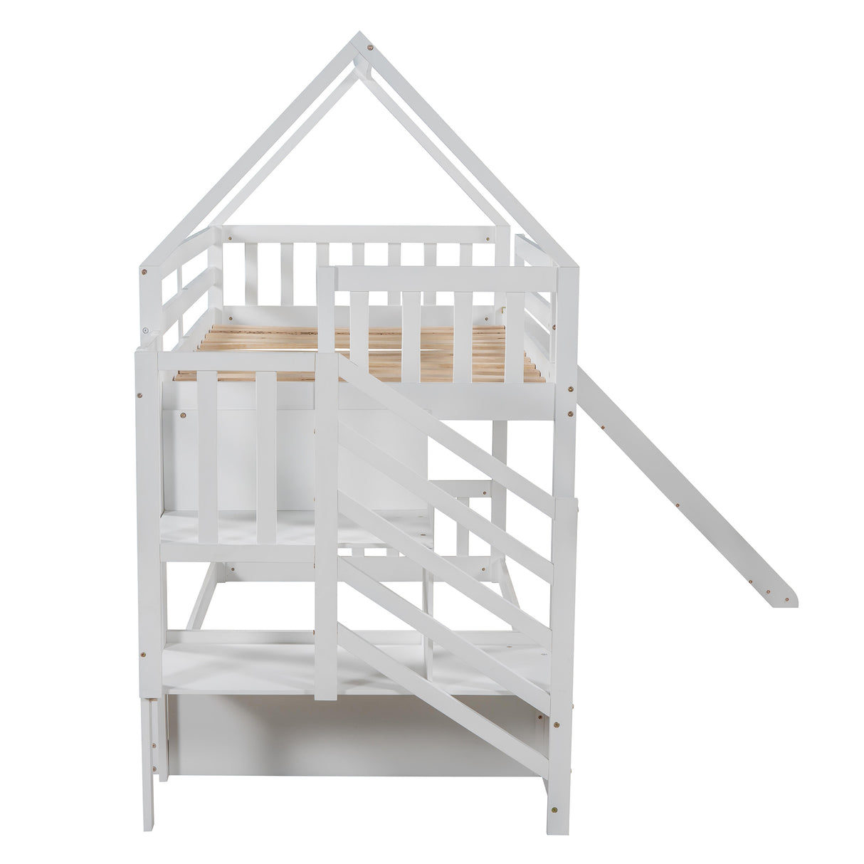 Twin over Twin House Bunk Bed with Slide and Storage Staircase,White - Home Elegance USA