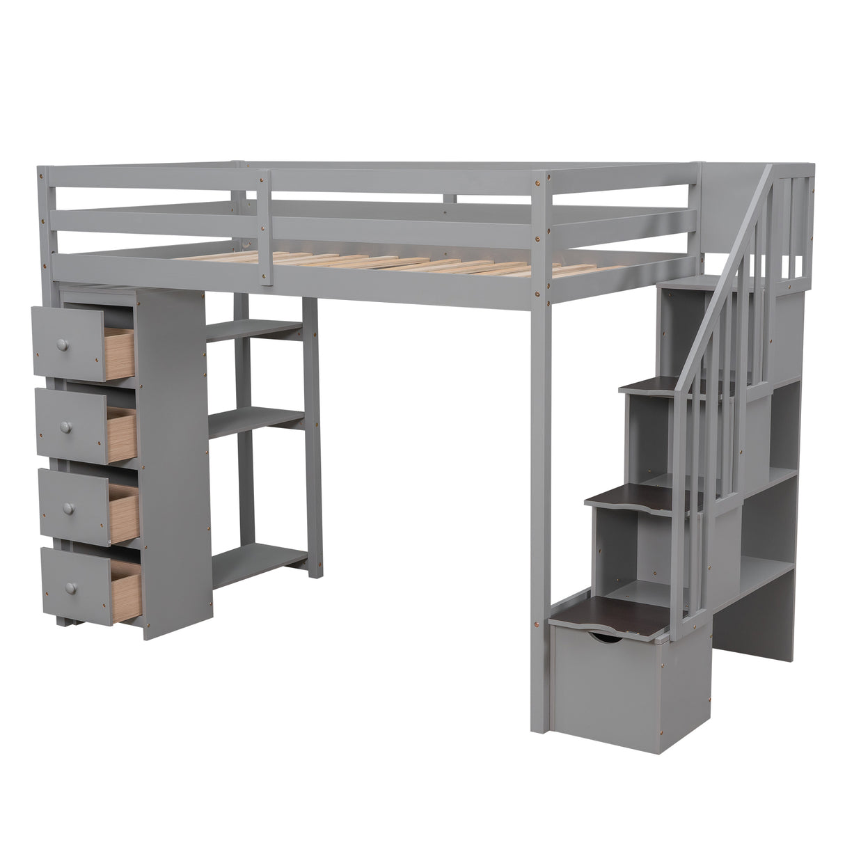 Twin size Loft Bed with Storage Drawers and Stairs, Wooden Loft Bed with Shelves - Gray - Home Elegance USA