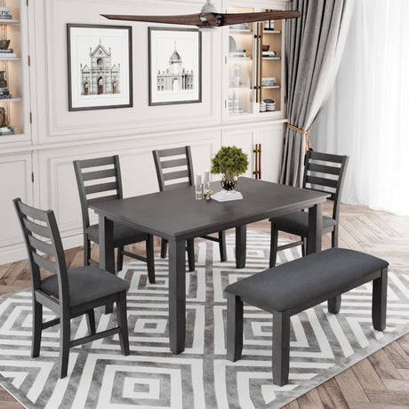 TREXM Dining Room Table and Chairs with Bench, Rustic Wood Dining Set, Set of 6 (Gray) - Home Elegance USA