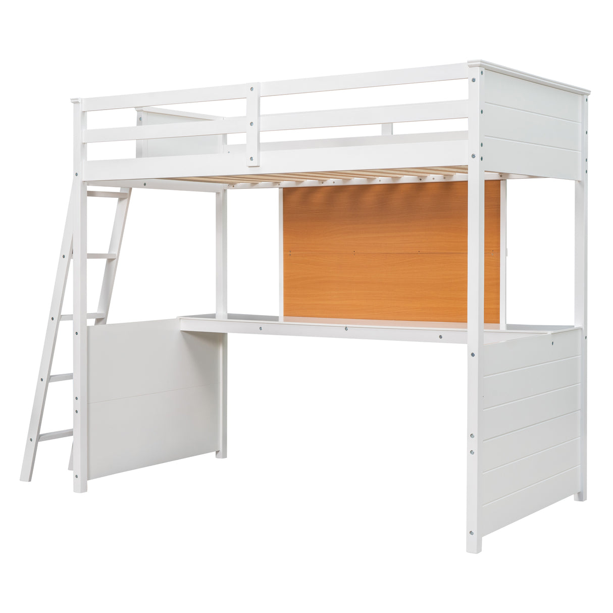 Twin size Loft Bed with Desk and Writing Board, Wooden Loft Bed with Desk - White - Home Elegance USA