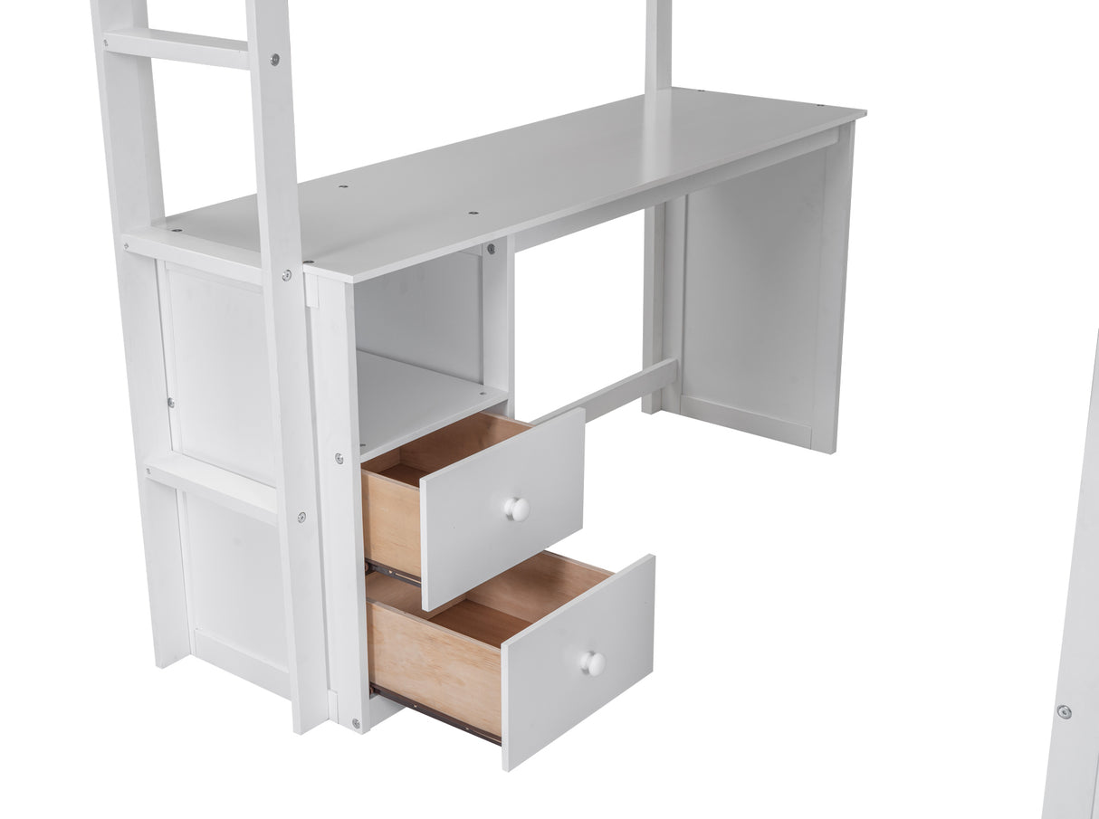 Wood Full Size Loft Bed with Wardrobes and 2-Drawer Desk with Cabinet, White - Home Elegance USA
