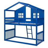 Twin Over Twin House Bunk Bed With Ladder, Wood Bed-Blue - Home Elegance USA