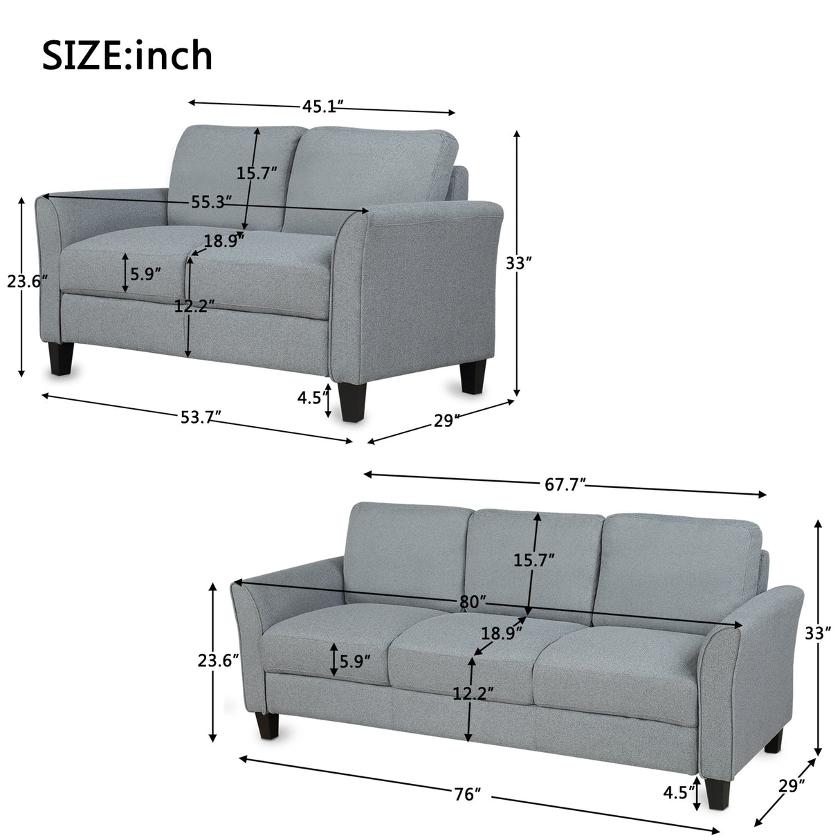 Living Room Furniture Loveseat Sofa and 3-seat  sofa (Gray) Home Elegance USA