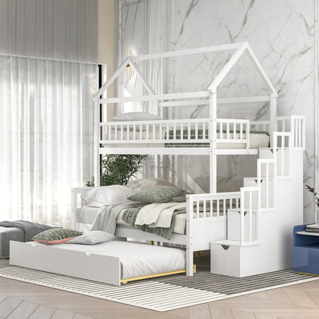 Twin over Full Size House Bunk Bed with Storage Staircase and Trundle,Full-Length Guardrail,White - Home Elegance USA