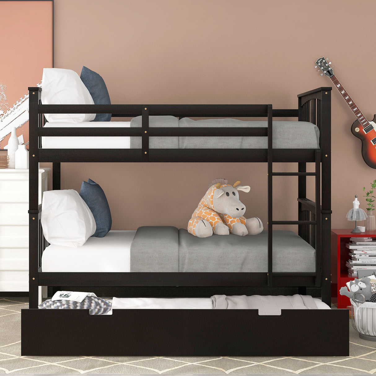 Full over Full Bunk Bed with Twin Size Trundle and Ladder-White(Old SKU: LP000204AAP) - Home Elegance USA