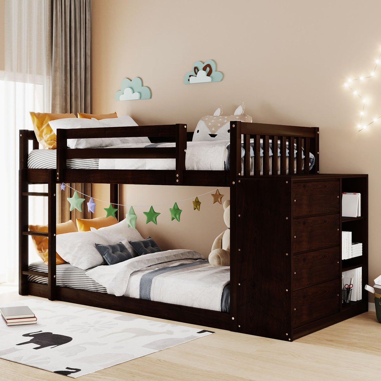 Twin over Twin Bunk Bed with 4 Drawers and 3 Shelves-Espresso（OLD SKU: LP000067AAP） - Home Elegance USA