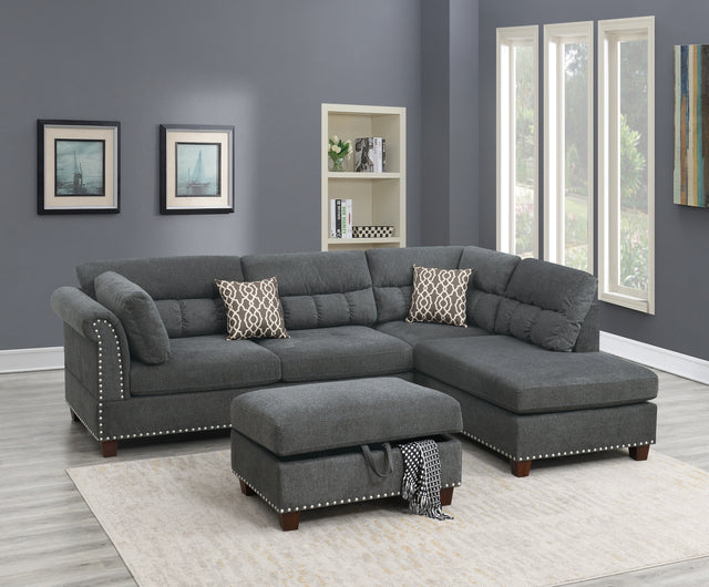 Sectional sofa Slate Color Velvet Fabric Reversible Chaise Sofa Sectional w Pillows Cocktail Storage Ottoman 3pc Set - Home Elegance USA