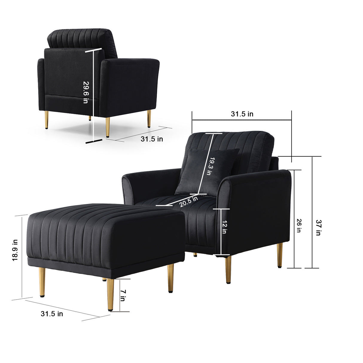 Black Velvet Armchair With Ottoman Single Sofa Chair And Ottoman Set, Comfy Reading Chair Leisure Lounging Chair for Living Room Bedroom Home Office Home Elegance USA