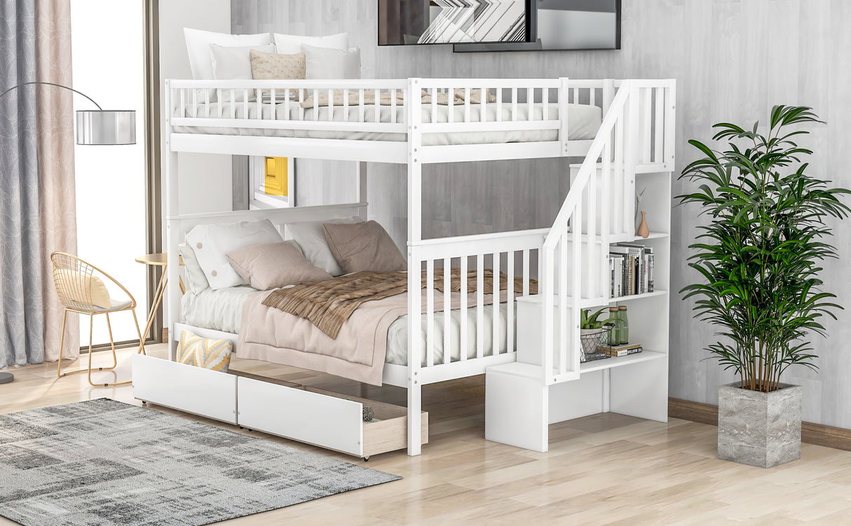 Full over Full Bunk Bed with Two Drawers and Storage, White - Home Elegance USA