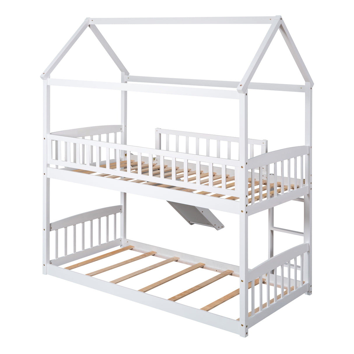 Twin Over Twin Bunk Bed with Slide, House Bed with Slide, White(OLD SKU: LT000213AAK) - Home Elegance USA