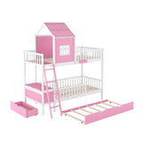 Twin over Twin Bunk Bed with Twin Size Trundle , Farmhouse Bed with Storage Box and Drawer - Pink - Home Elegance USA