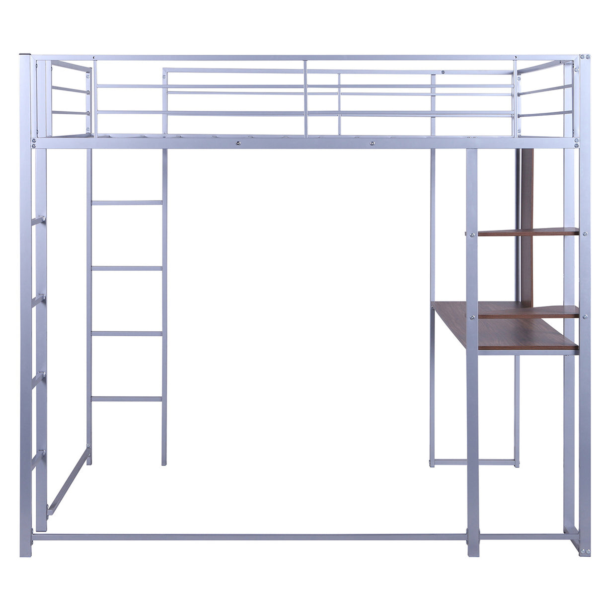 Full Size Metal Loft Bed with 2 Shelves and one Desk ,Silver (Old SKU: LP000091AAN )