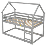 Twin over Twin Loft Bed with Roof Design, Safety Guardrail, Ladder, Grey - Home Elegance USA