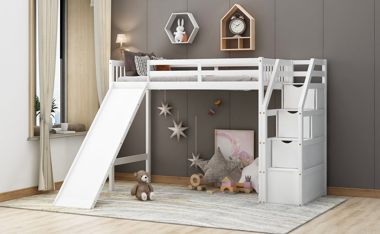 Twin Size Loft Bed with Storage and Slide, White - Home Elegance USA