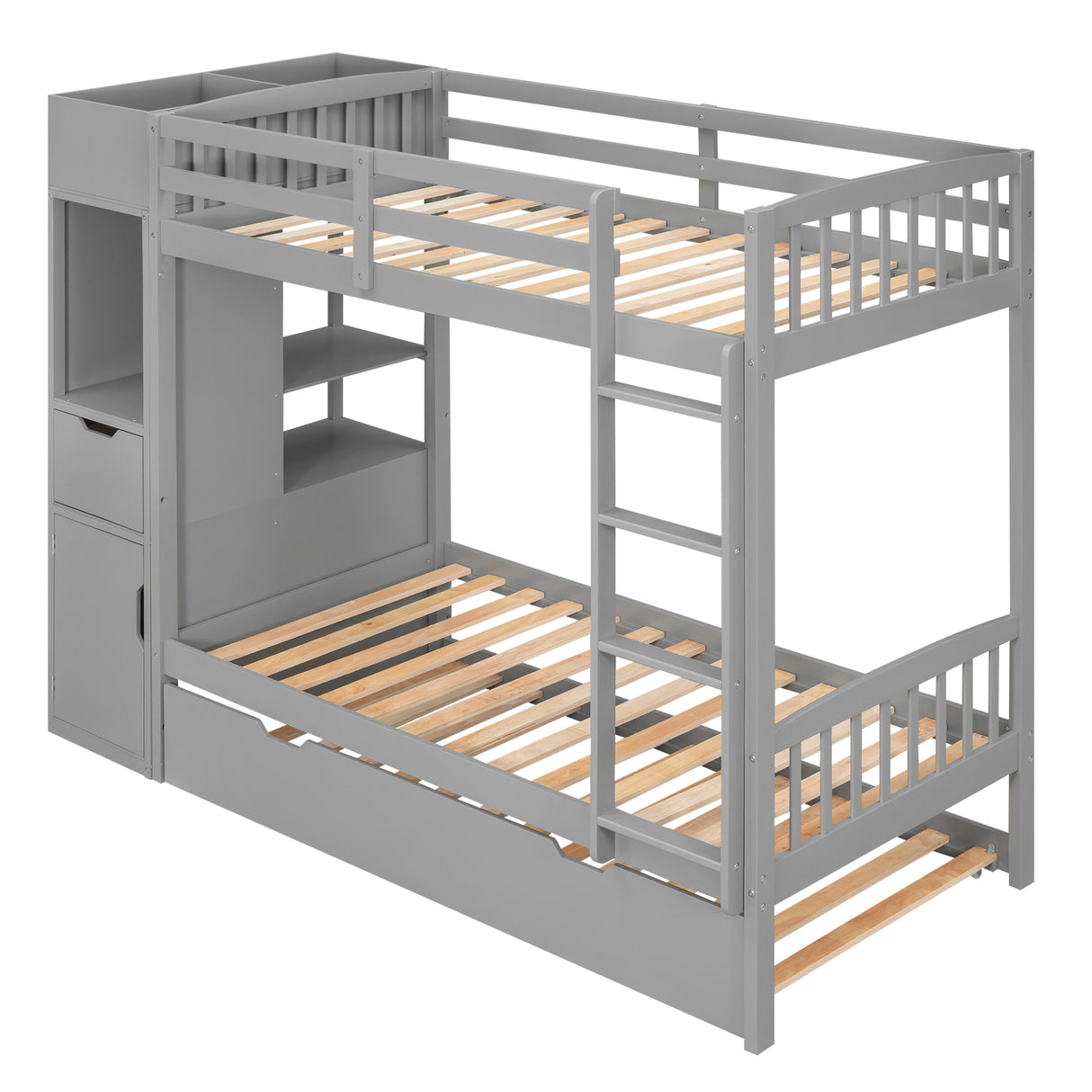 Twin Size Bunk Bed with Trundle and Attached Multifunctional Locker,Gray - Home Elegance USA