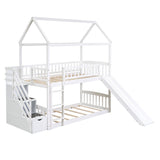 Twin Over Twin Bunk Bed with Drawers and Slide, House Bed with Slide,White(OLD SKU :LT000215AAK) - Home Elegance USA