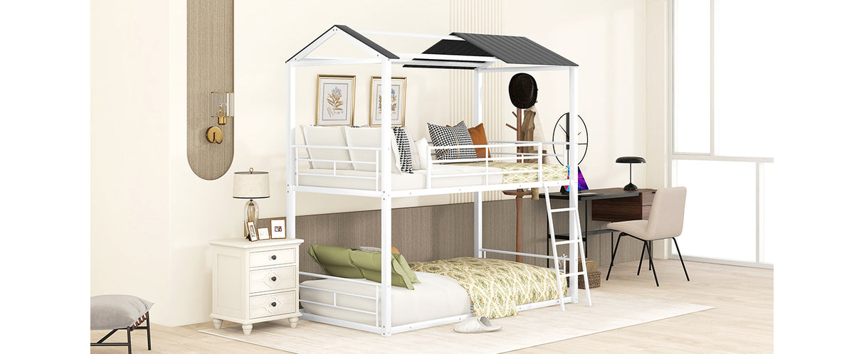 Twin Over Twin Bunk Bed Metal Bed with Half Roof, Guardrail and Ladder White - Home Elegance USA