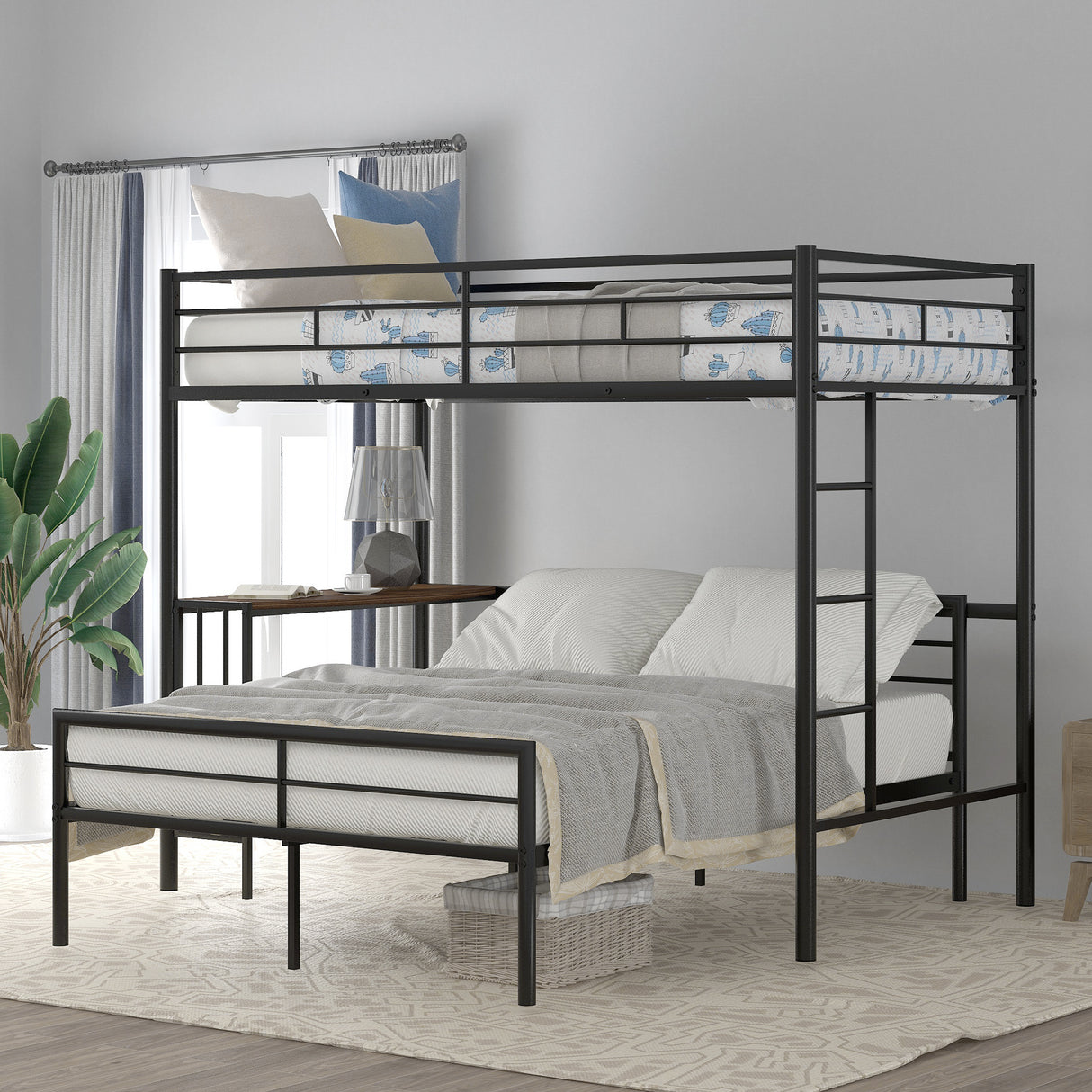 Twin Over Full Metal Bunk Bed with Desk, Ladder and Quality Slats for Bedroom, Metallic Black（OLD SKU :LP000092AAB） - Home Elegance USA