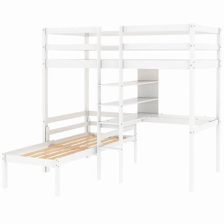 Convertible Loft Bed with L-Shape Desk, Twin Bunk Bed with Shelves and Ladder, White(OLD SKU:SM000209AAK-1) - Home Elegance USA