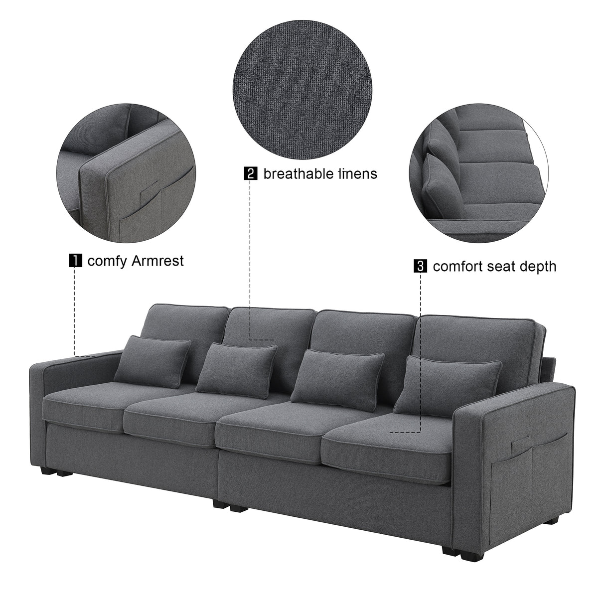 [VIDEO provided] [New] 104" 4-Seater Modern Linen Fabric Sofa with Armrest Pockets and 4 Pillows,Minimalist Style Couch for Living Room, Apartment, Office,3 Colors - Home Elegance USA