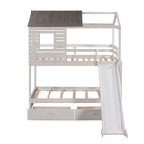 Twin Over Twin Bunk Bed with Two Storage Drawers and Slide, House-Shaped Wood Bunk Bed, Antique White (OLD SKU:LP000089AAK) - Home Elegance USA