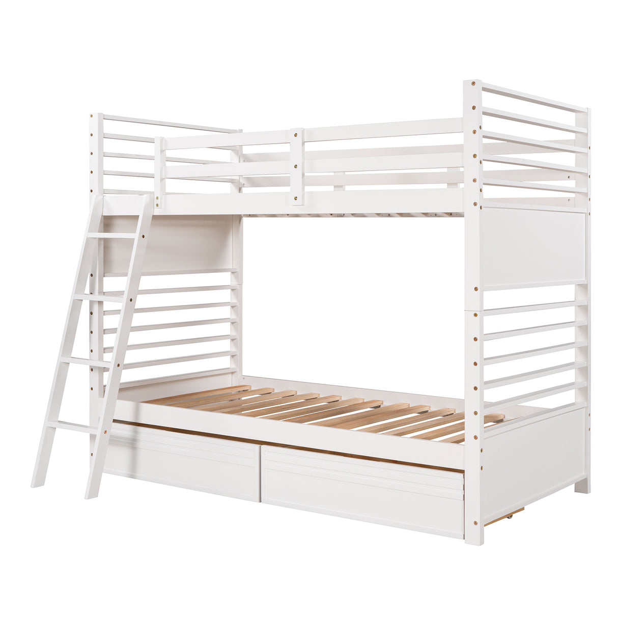 Twin over Twin Wood Bunk Bed with Two Drawers - White - Home Elegance USA