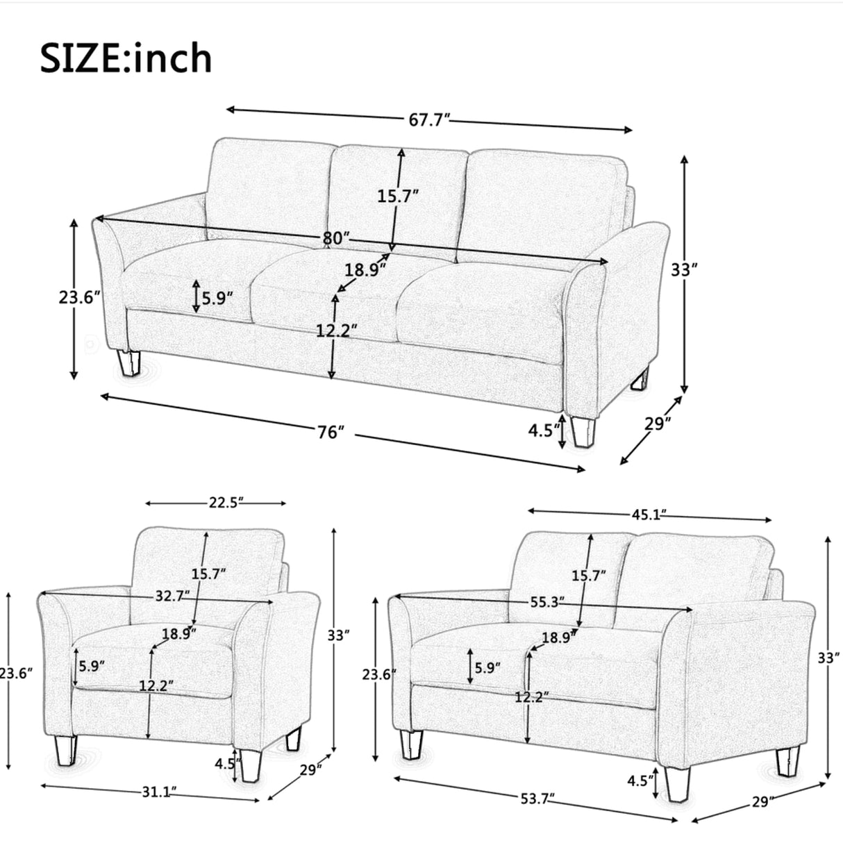 U_STYLE Polyester-blend 3 Pieces Sofa Set Home Elegance USA