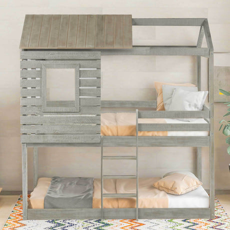 Twin Over Twin Bunk Bed Wood Loft Bed with Roof, Window, Guardrail, Ladder (Antique Gray ) - Home Elegance USA
