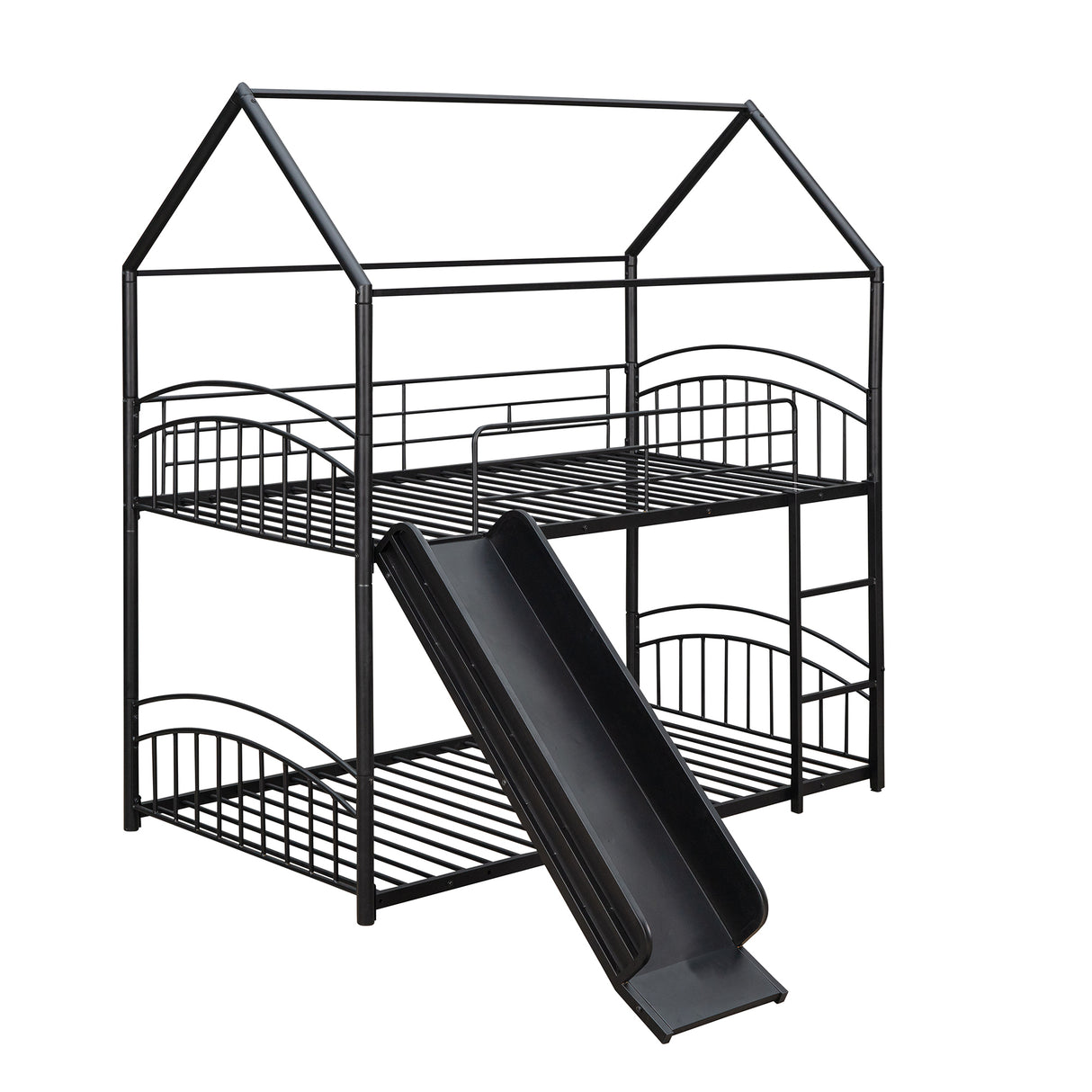 Twin Over Twin Metal Bunk Bed With Slide,Kids House Bed Black - Home Elegance USA