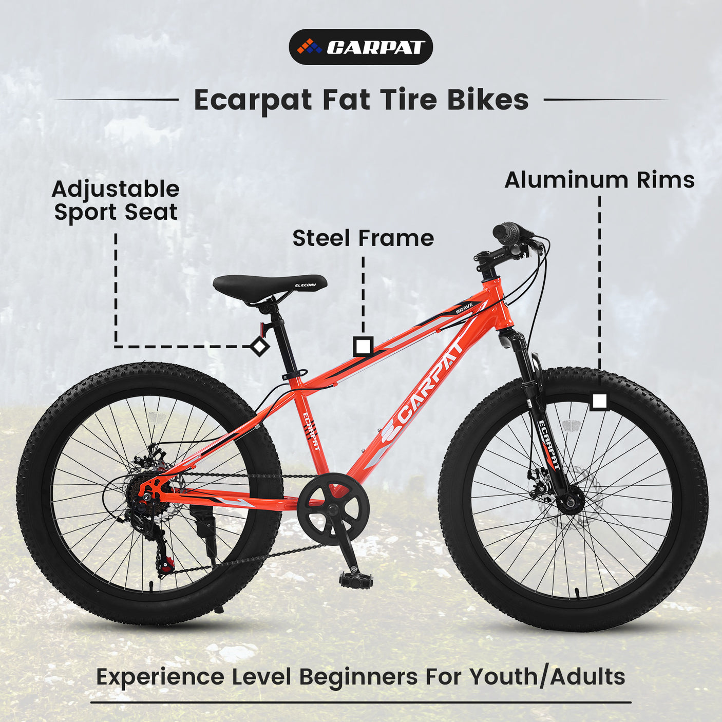 S24109 Elecony 24 Inch Fat Tire Bike Adult/Youth Full Shimano 7 Speeds Mountain Bike, Dual Disc Brake, High-Carbon Steel Frame, Front Suspension, Mountain Trail Bike, Urban Commuter City Bicycle