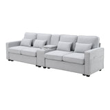 [VIDEO provided] [New] 114.2" Upholstered Sofa with Console, 2 Cupholders and 2 USB Ports Wired or Wirelessly Charged, Modern Linen Fabric Couches with 4 Pillows for Living Room, Apartment (4-Seat) Home Elegance USA