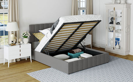 Queen size Upholstered Platform bed with a Hydraulic Storage System - Gray - Home Elegance USA