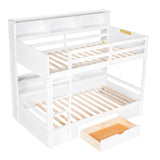 Twin Size Bunk Bed with Built-in Shelves Beside both Upper and Down Bed and Storage Drawer,White - Home Elegance USA