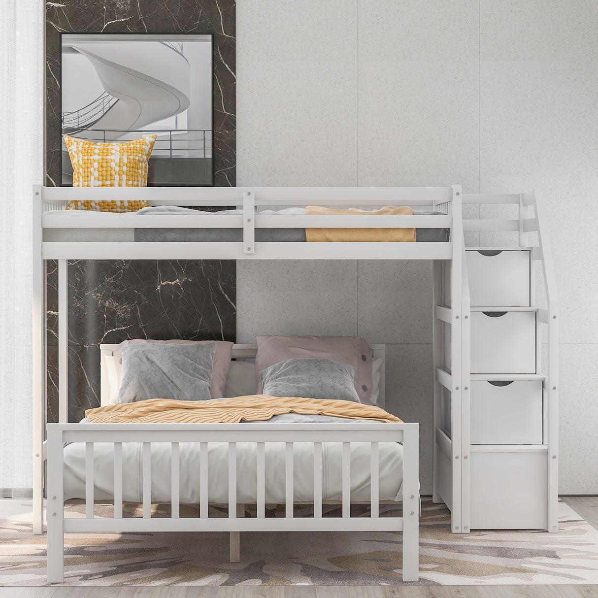 Twin over Full Loft Bed with Staircase,White(OLD SKU:SM000107AAK) - Home Elegance USA