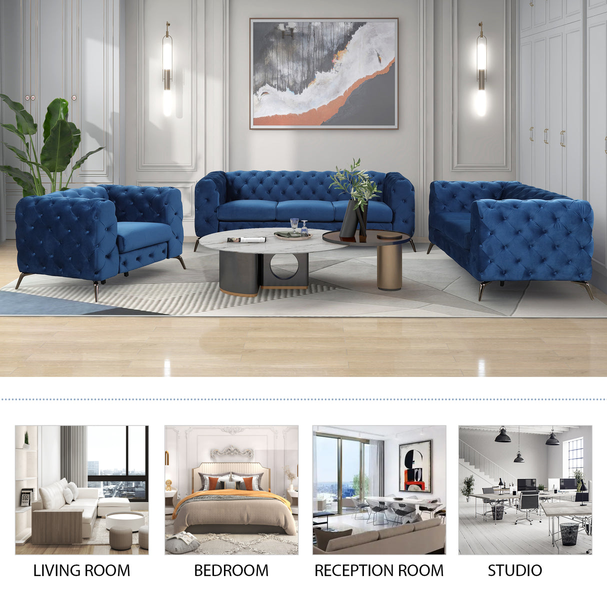 Modern 3-Piece Sofa Sets with Sturdy Metal Legs,Velvet Upholstered Couches Sets Including Three Seat Sofa, Loveseat and Single Chair for Living Room Furniture Set,Blue Home Elegance USA