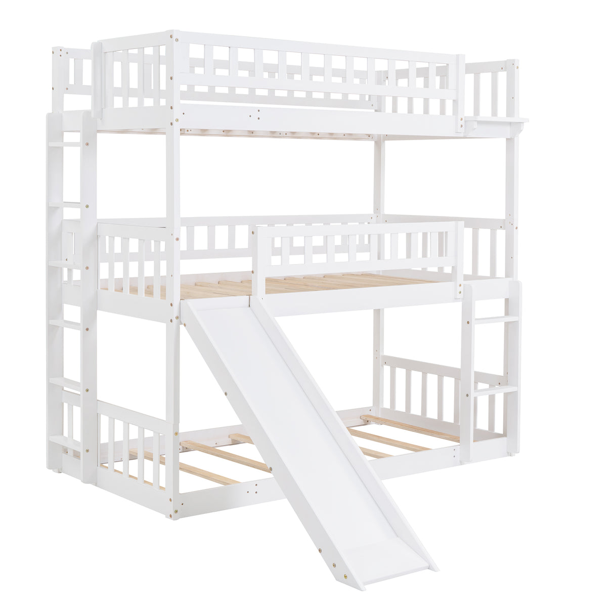 Twin-Over-Twin-Over-Twin Triple Bed with Built-in Ladder and Slide, Triple Bunk Bed with Guardrails, White(OLD SKU: LP000051AAK) - Home Elegance USA