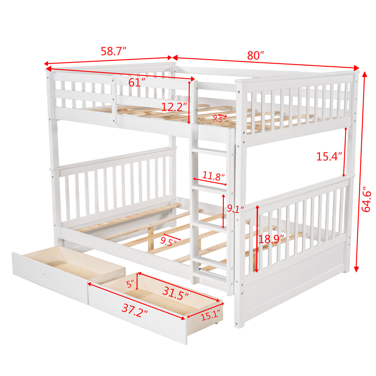 Full-Over-Full Bunk Bed with Ladders and Two Storage Drawers (White) - Home Elegance USA