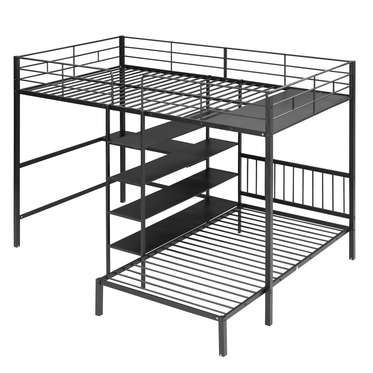 Full Over Twin Metal Bunk Bed with Built-in Desk, Shelves and Ladder, Black