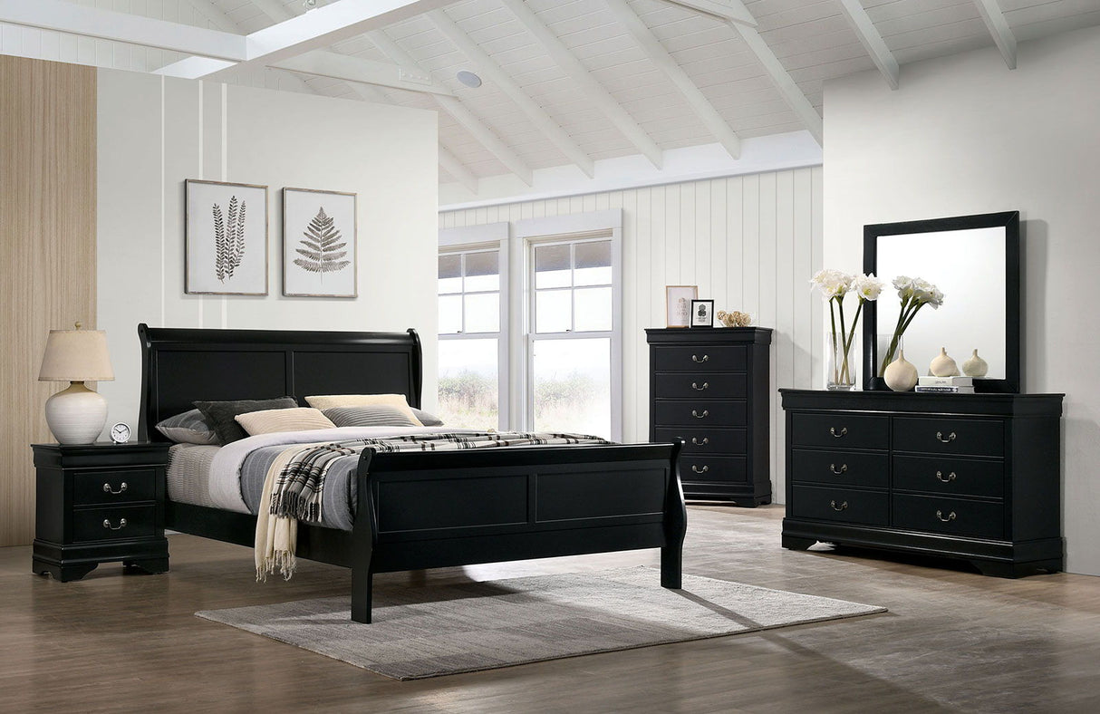 Louis Philippe - Queen Bed & 1 Nightstand & Dresser & Mirror & Chest - Black - Home Elegance USA