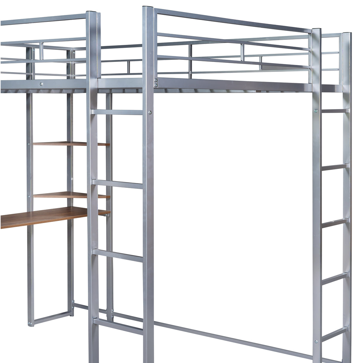 Full Size Metal Loft Bed with 2 Shelves and one Desk ,Silver (Old SKU: LP000191AAN )