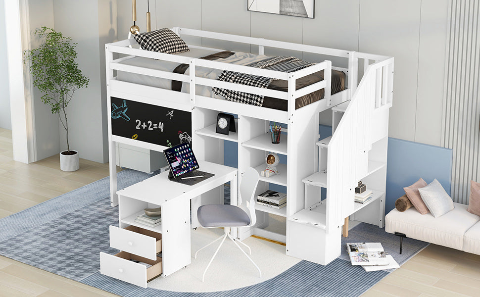 Twin Size Loft Bed with Pullable Desk and Storage Shelves,Staircase and Blackboard,White - Home Elegance USA