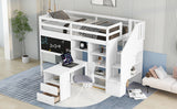 Twin Size Loft Bed with Pullable Desk and Storage Shelves,Staircase and Blackboard,White - Home Elegance USA