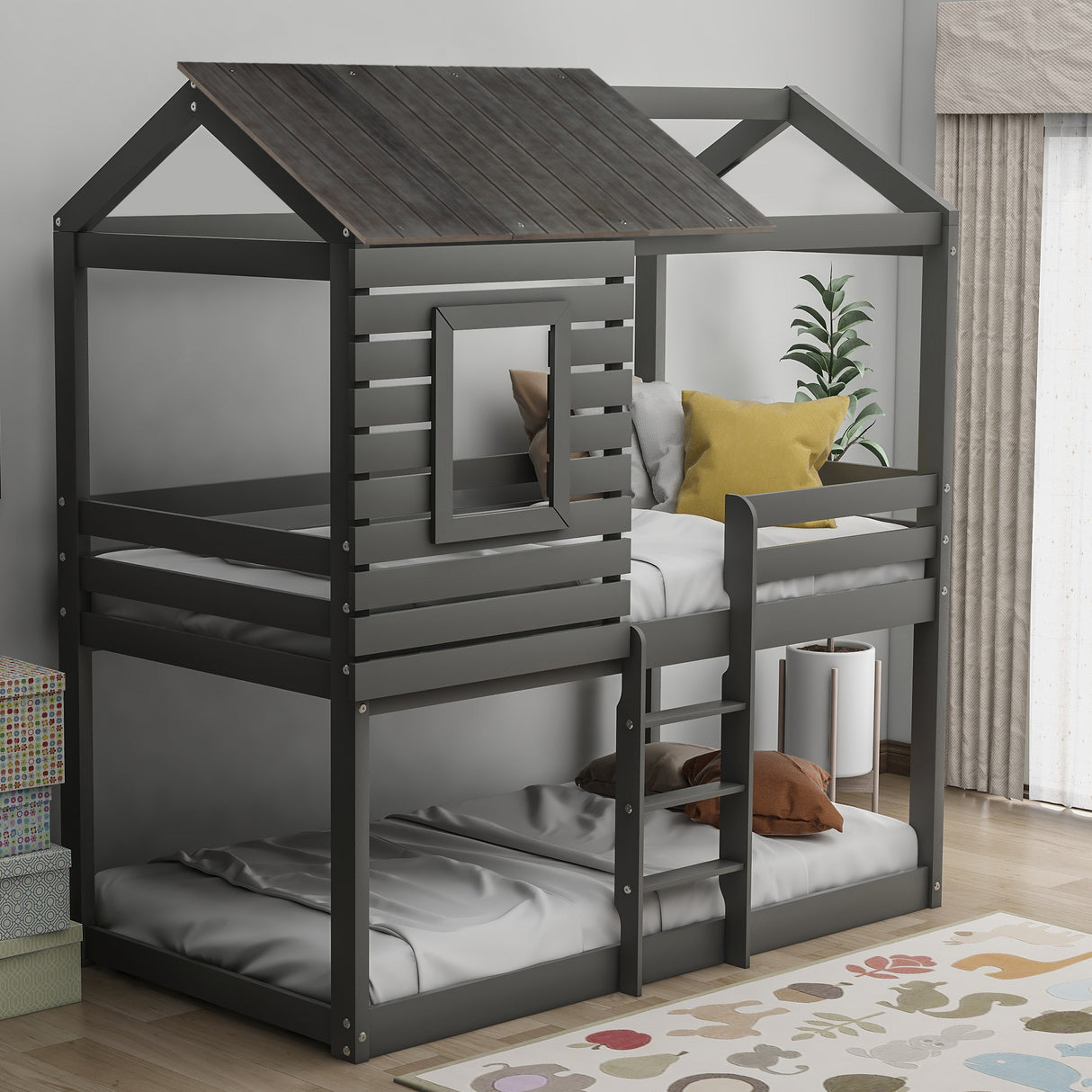 Twin Over Twin Bunk Bed Wood Loft Bed with Roof, Window, Guardrail, Ladder (Gray)(OLD SKU: LP000088AAN) - Home Elegance USA